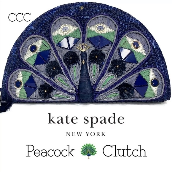 NWT Kate Spade Full Plume Embroidered Straw Peacock Clutch Peacock Wicker Bird - Picture 1 of 6